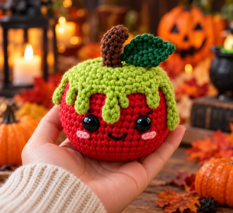 Crochet poison apple pattern finished amigurumi with red apple and toxic green drips
