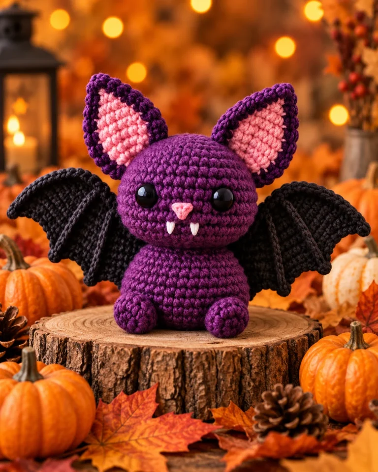 Finished purple crochet bat amigurumi with black wings in a cozy Halloween setting