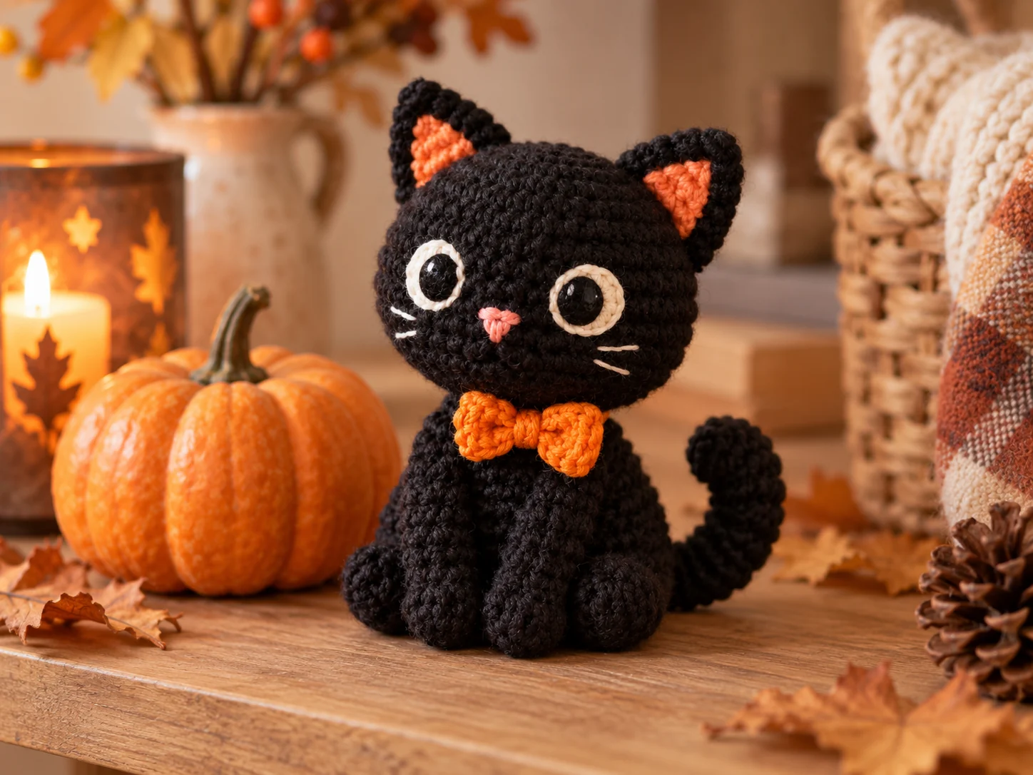 Finished crochet black cat amigurumi styled for autumn and Halloween