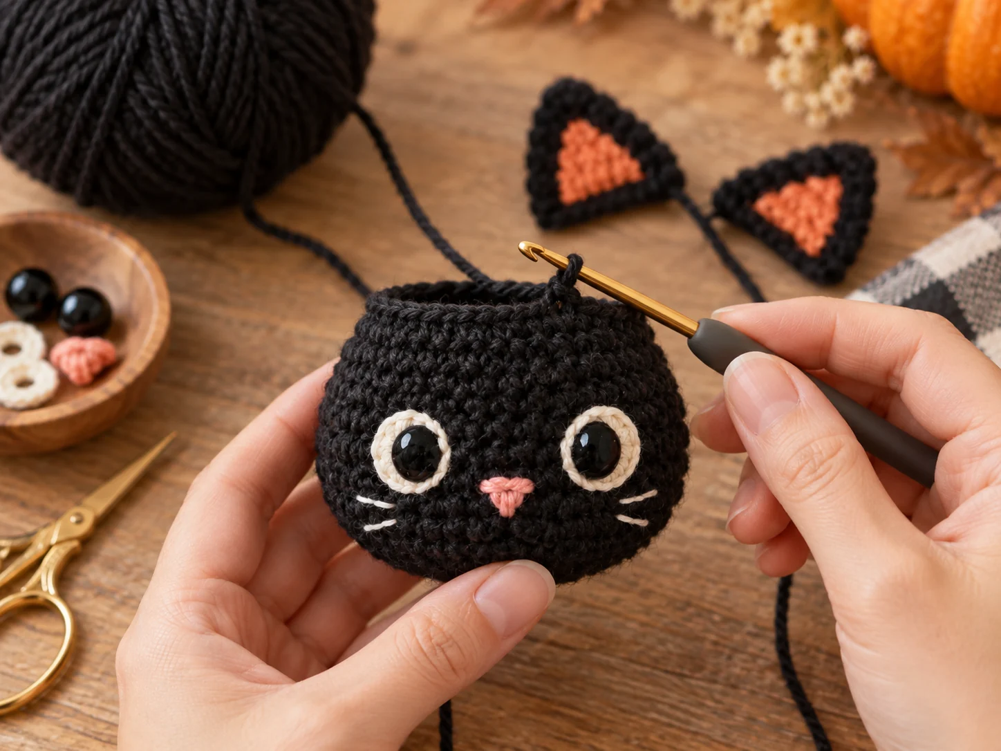 Crocheting the black cat amigurumi head with face details in progress