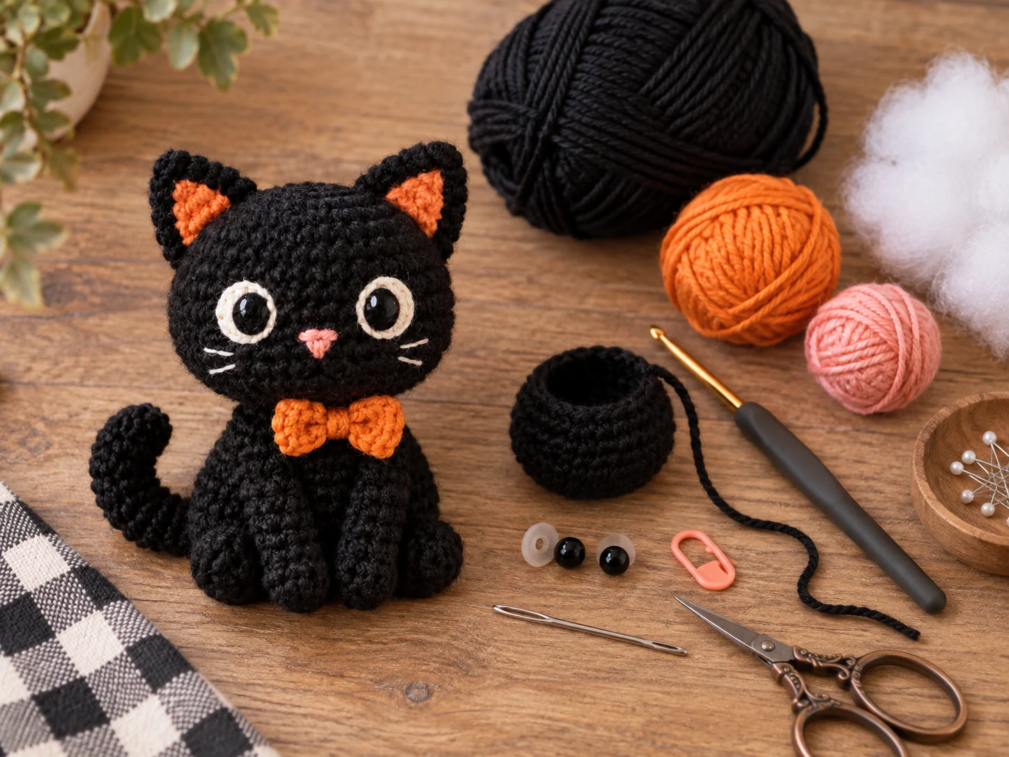 Black cat amigurumi materials with black yarn, orange yarn, hook, stuffing and tools