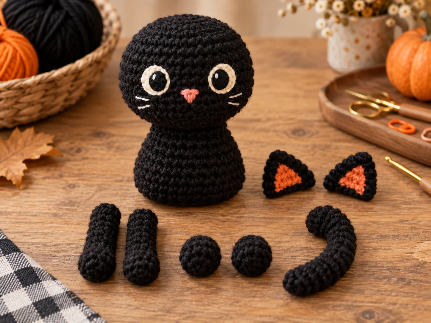 Black cat amigurumi body, ears, paws and tail pieces ready for assembly