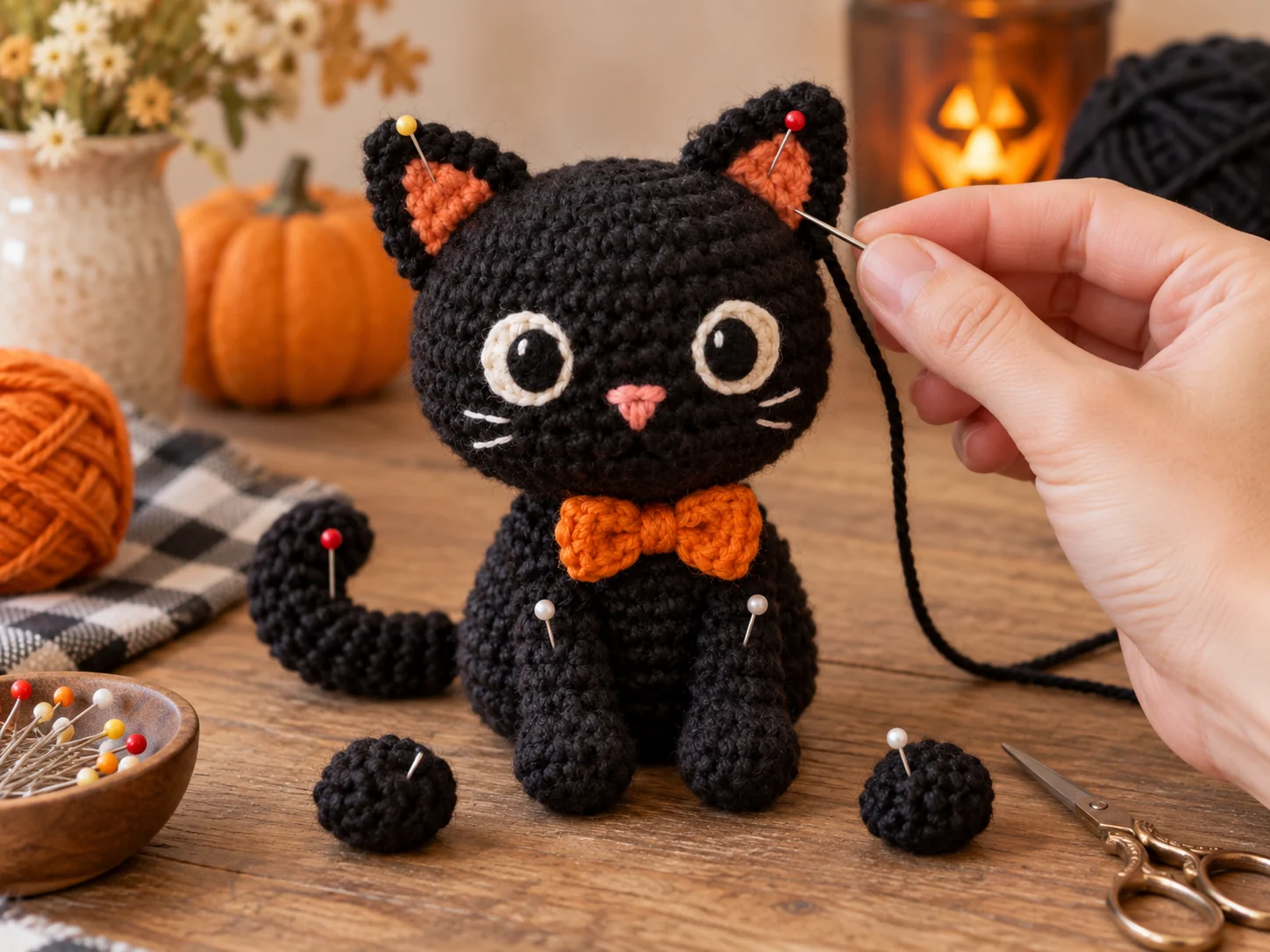 Pinning crochet black cat ears and paws in place before sewing