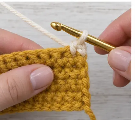 First cream stitches above a mustard crochet row with a neat edge