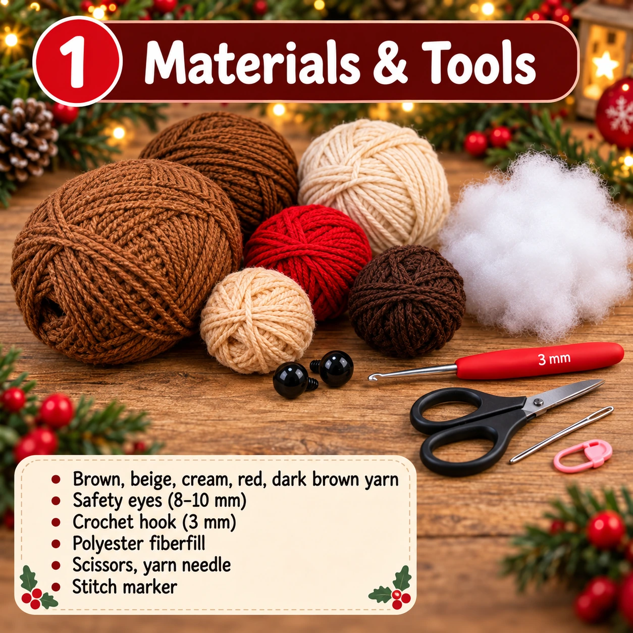 Materials and tools for crochet Christmas moose pattern