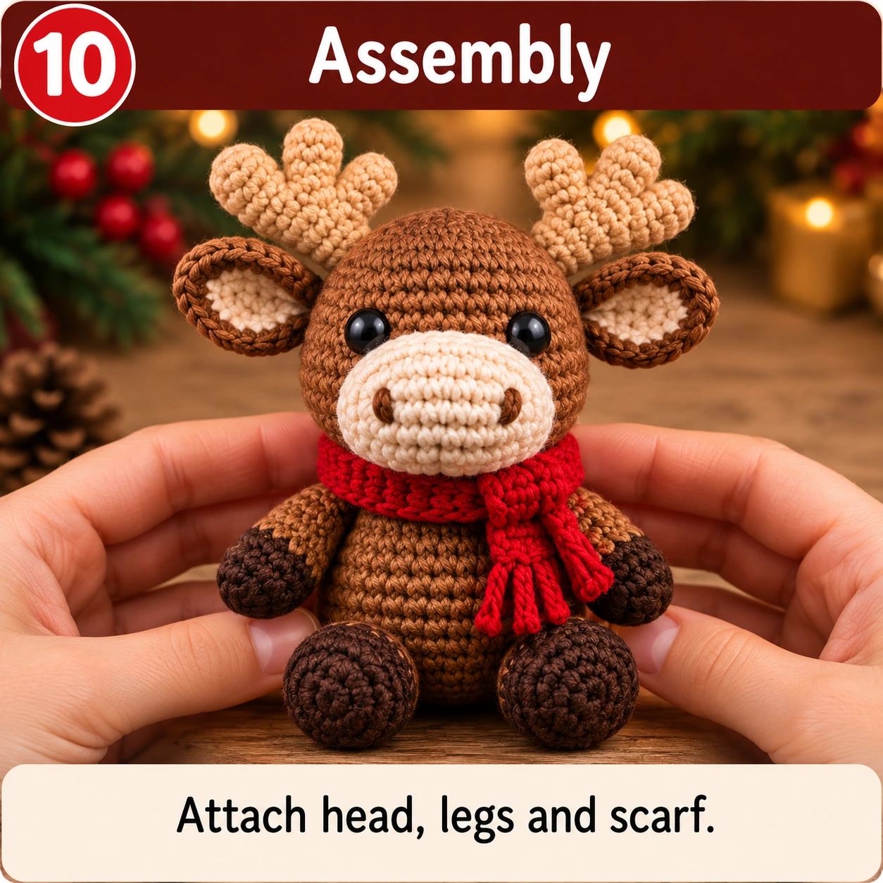 Finished crochet Christmas moose amigurumi assembly