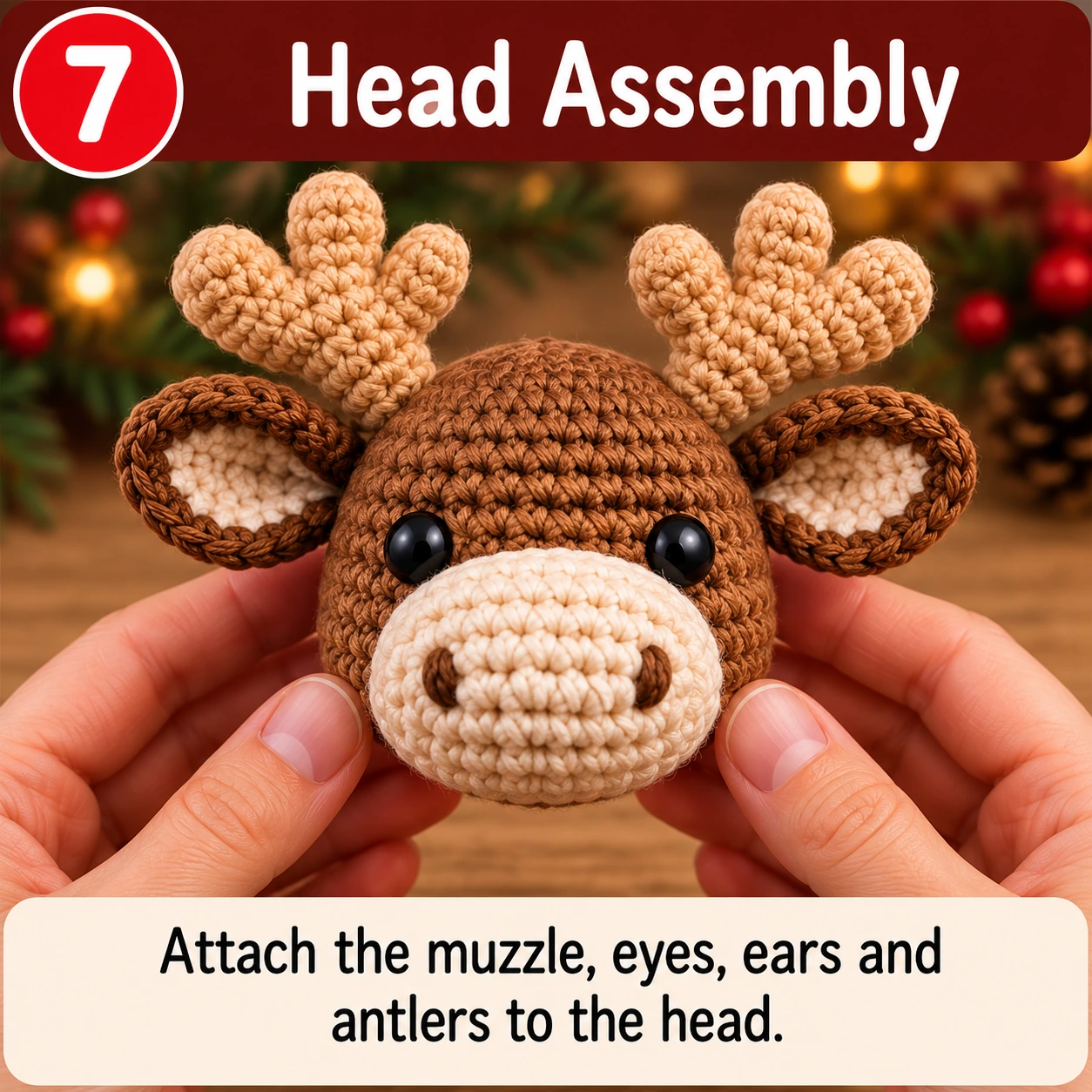Assemble crochet moose face with muzzle ears and antlers