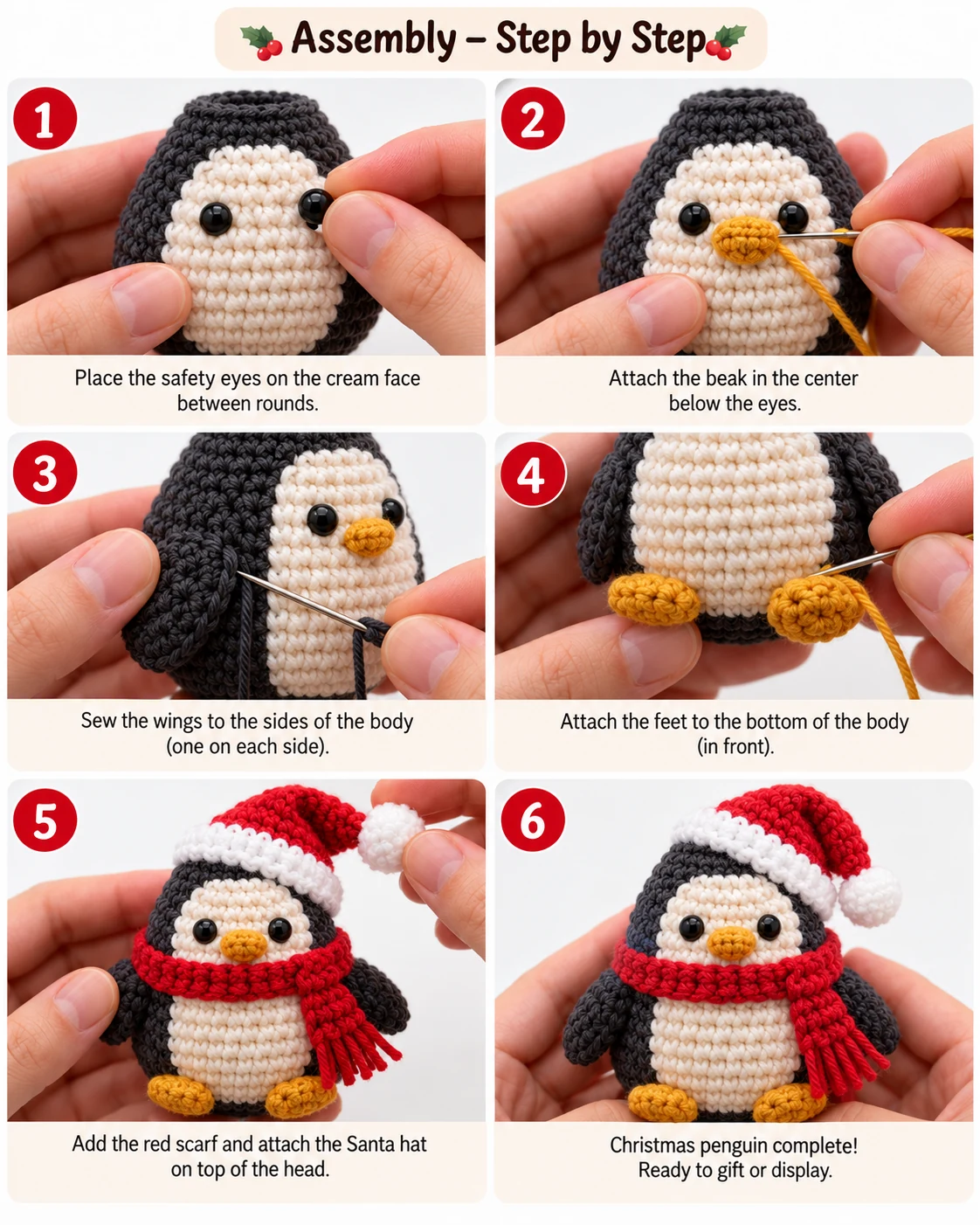Crochet Christmas penguin assembly and finished amigurumi