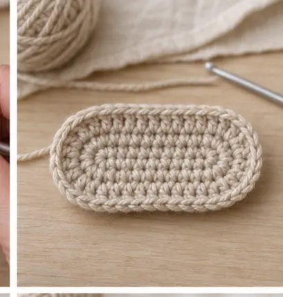 Completed oval oatmeal crochet baby bootie sole