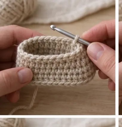 Oatmeal crochet side walls rising from an oval bootie sole