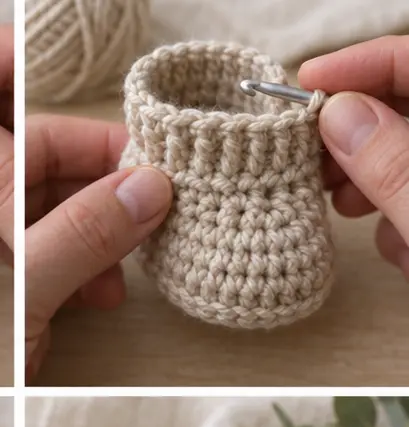 Crocheting a ribbed ankle cuff on a baby bootie
