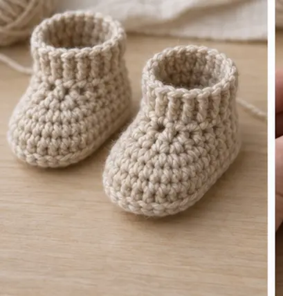 Two matching oatmeal crochet baby booties before adding ties
