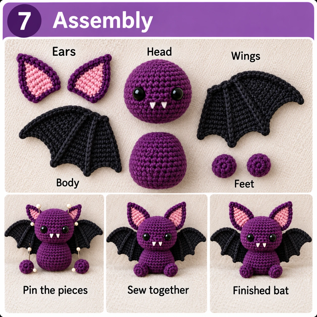 Crochet bat amigurumi pieces and final assembly