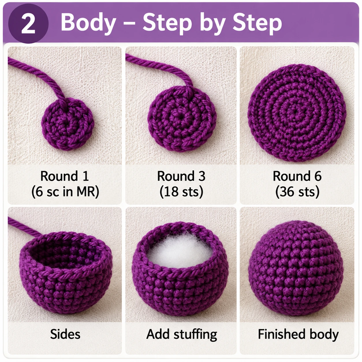 Crochet bat body step by step from magic ring to stuffed body