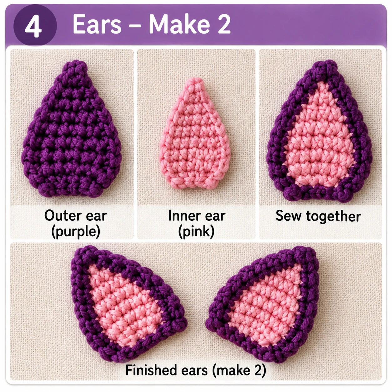 How to crochet purple and pink bat ears for amigurumi