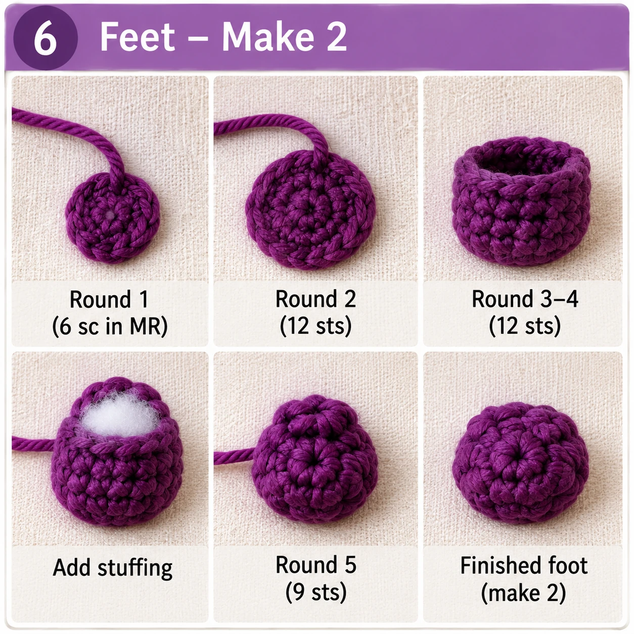 Small crochet amigurumi bat feet step by step