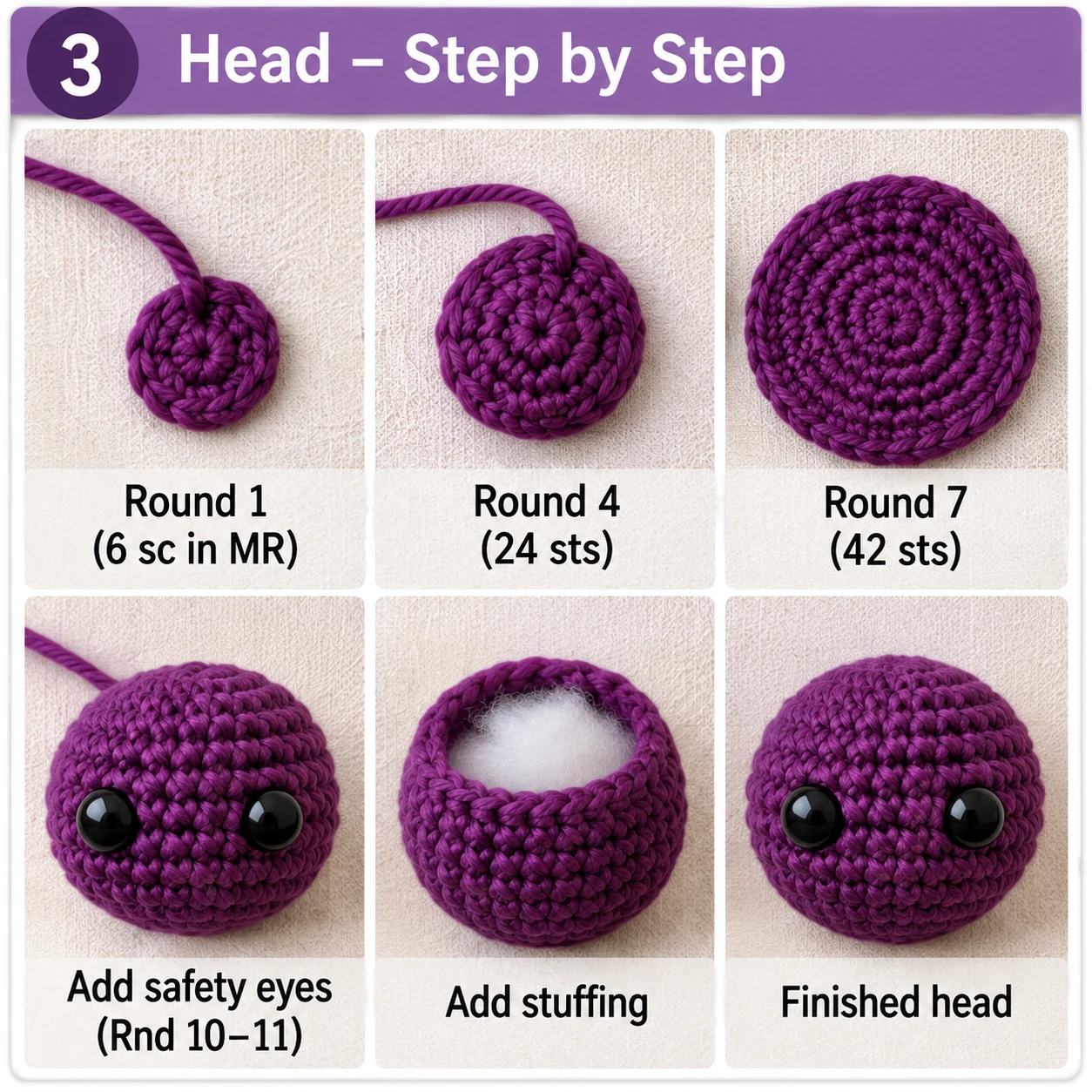 Crochet amigurumi bat head and safety eye placement