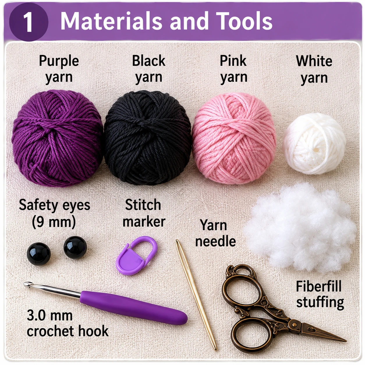 Materials and tools needed for an easy crochet bat pattern