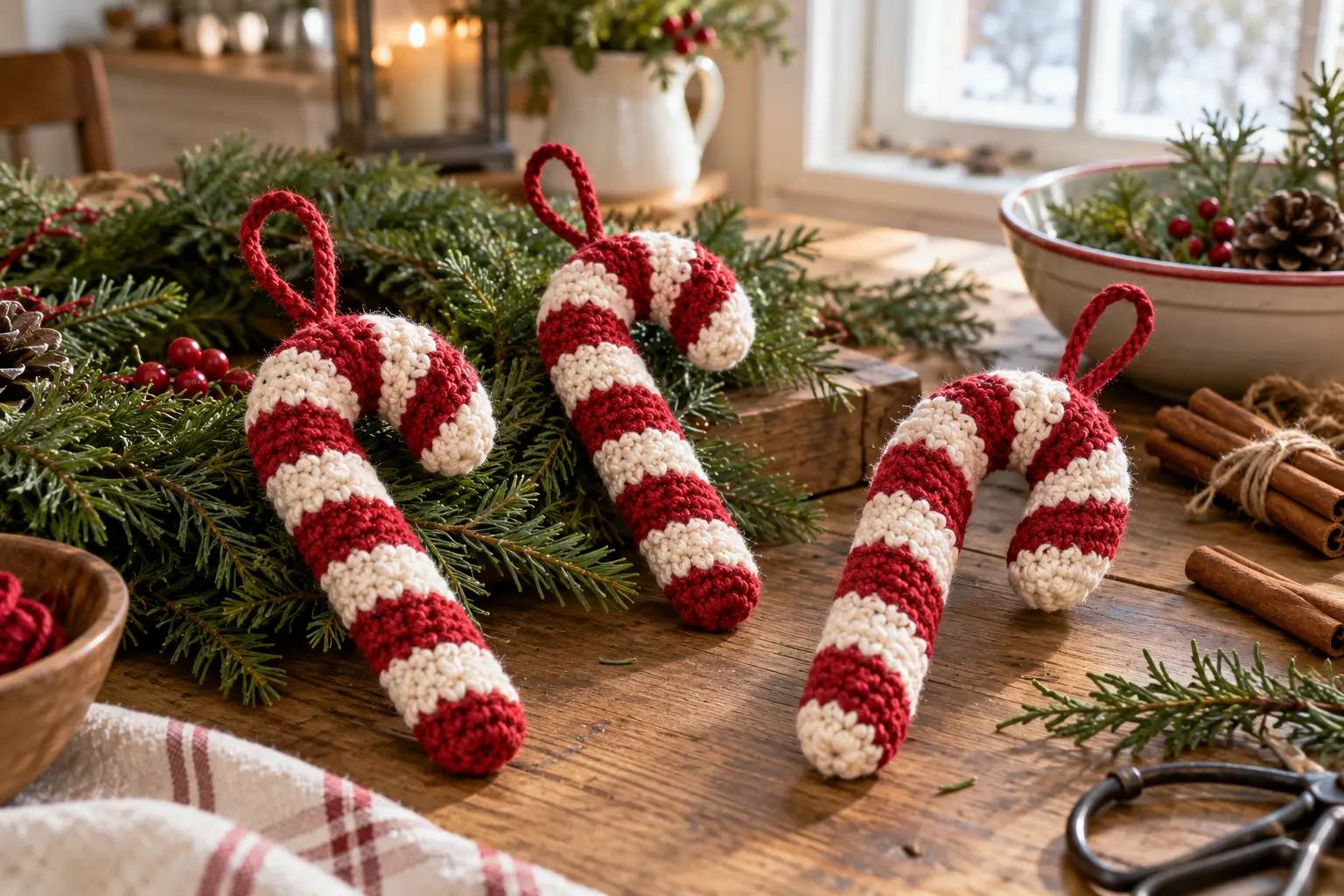 Crochet candy cane ornament
