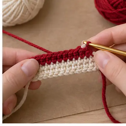 Changing to red yarn on a striped crochet strip