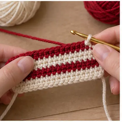 Red and cream striped crochet rectangle growing in rows