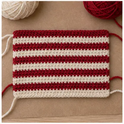Completed red and cream striped crochet rectangle