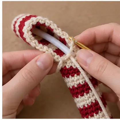 Striped crochet sleeve being closed around a safe flexible core