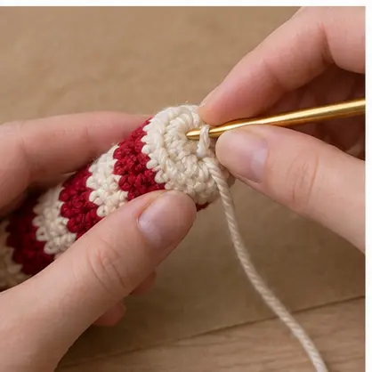 Crochet candy cane ends being securely closed