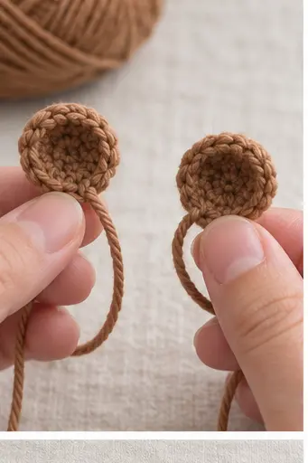 Two small brown crochet ears before attachment