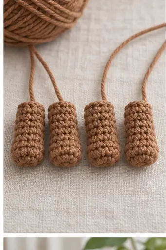 Four short brown crochet legs ready for assembly