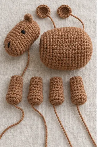 Crochet capybara pieces pinned together before final sewing