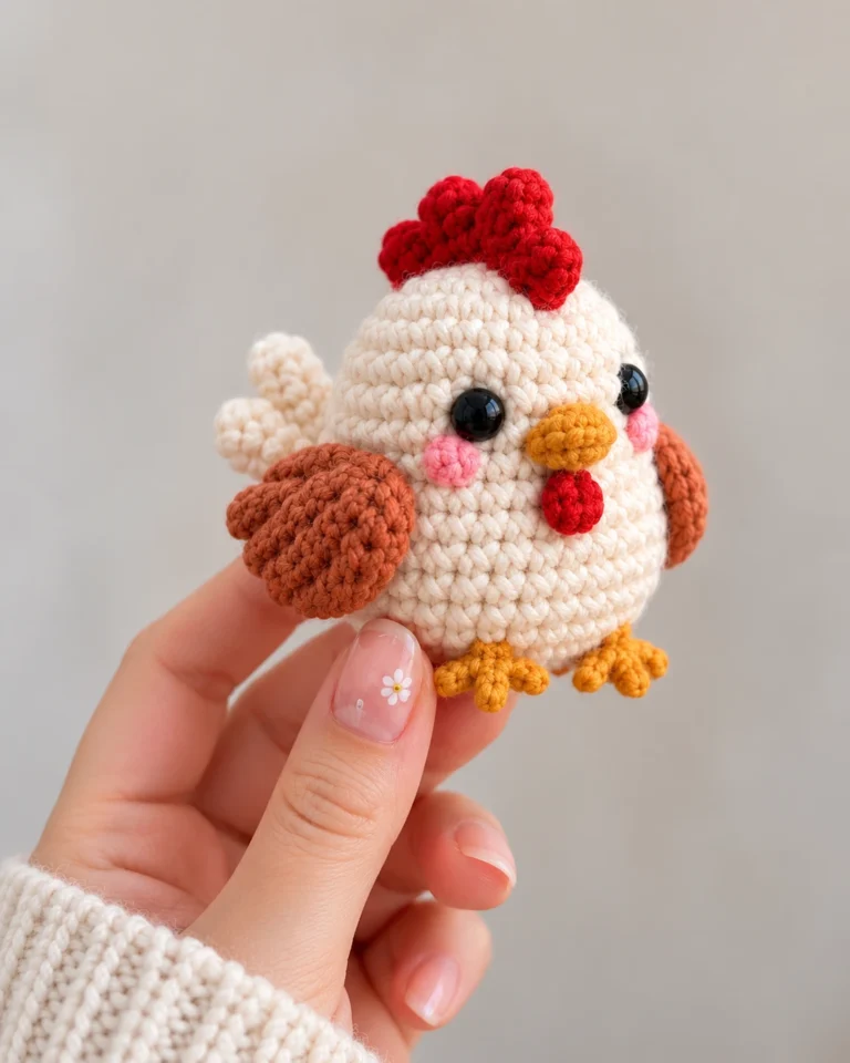 Finished crochet chicken amigurumi with cream body brown wings red comb and yellow feet