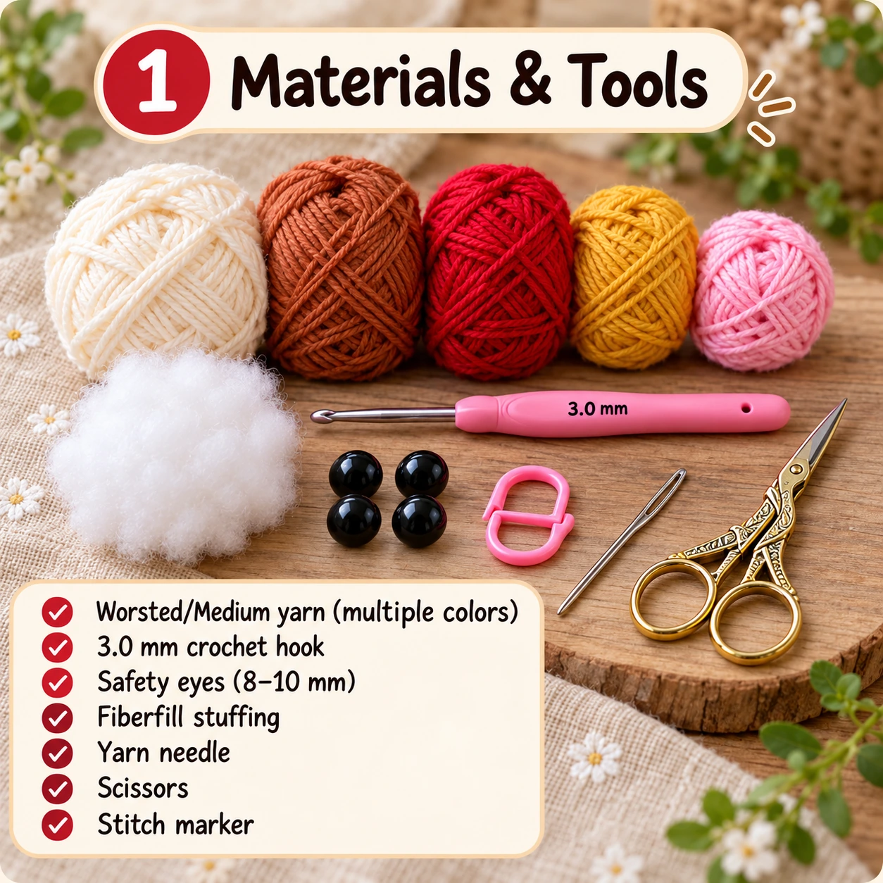 Materials and tools for the free crochet chicken pattern