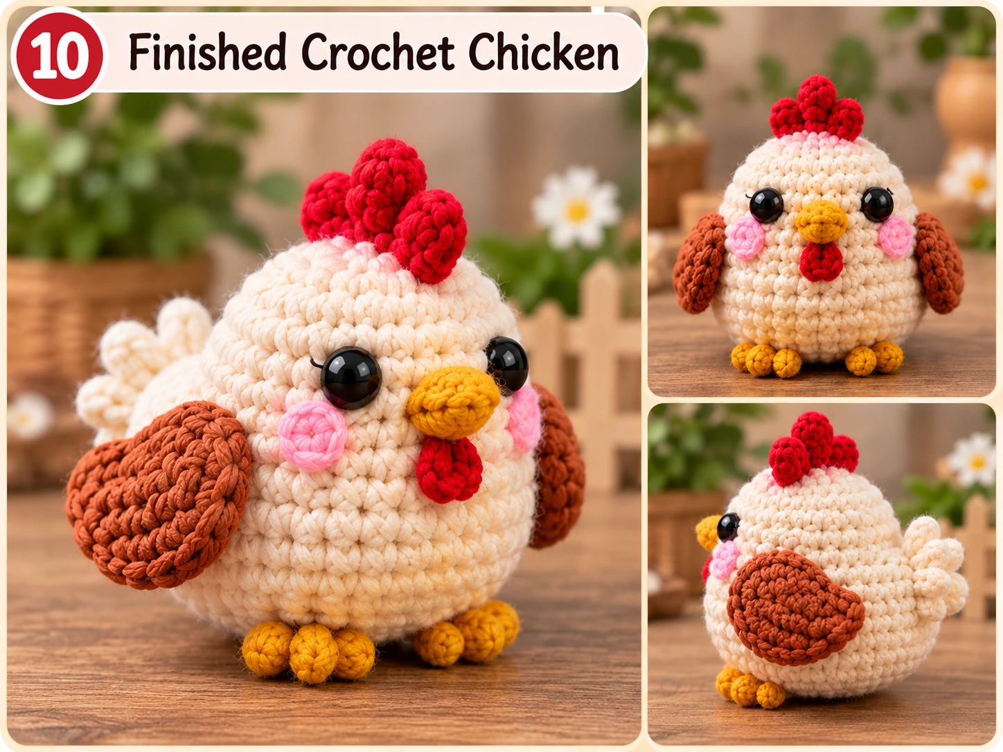 Finished crochet chicken amigurumi with cream body brown wings and red comb