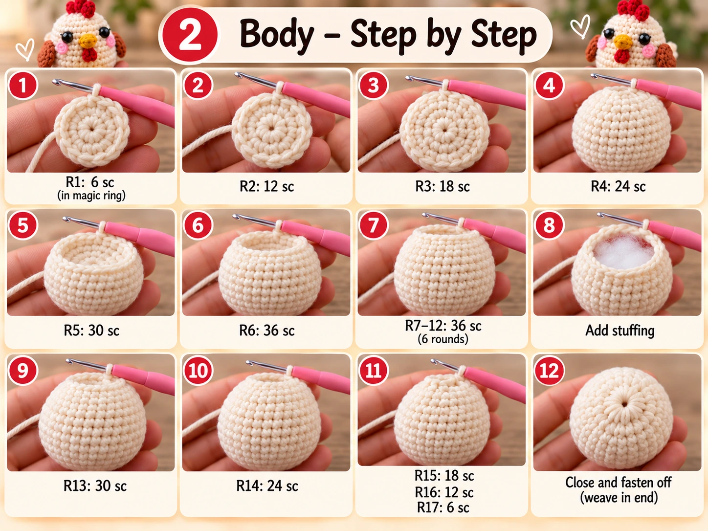 Crochet chicken body step by step from magic ring to stuffed shape