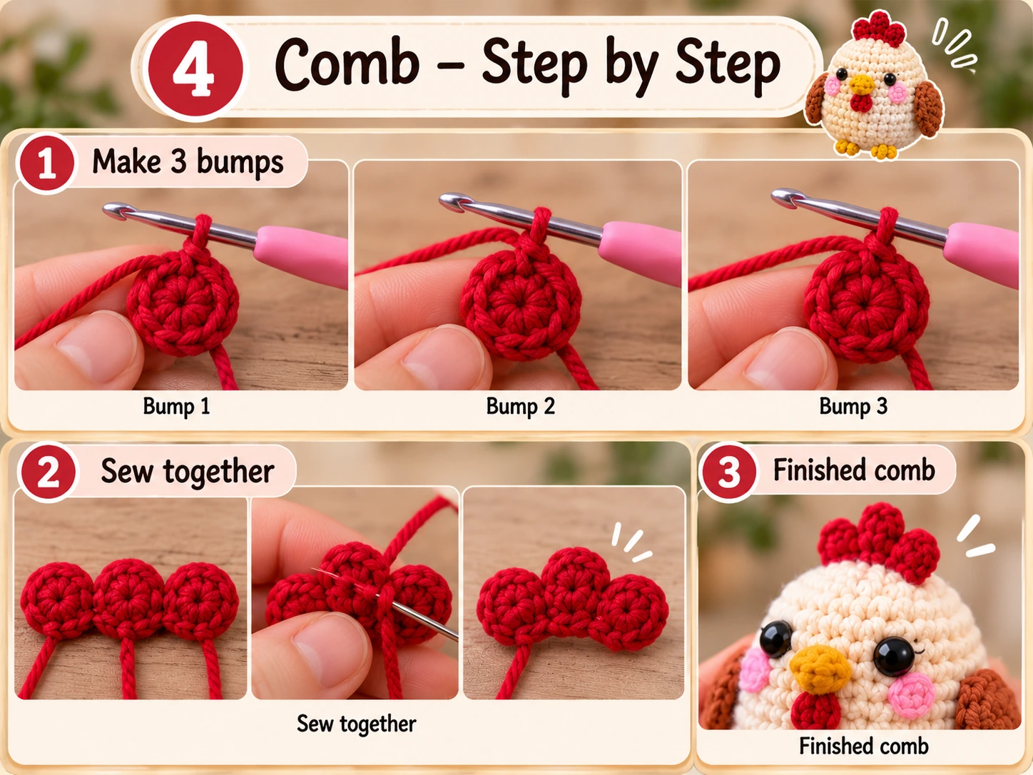 Crochet chicken comb step by step with three red bumps