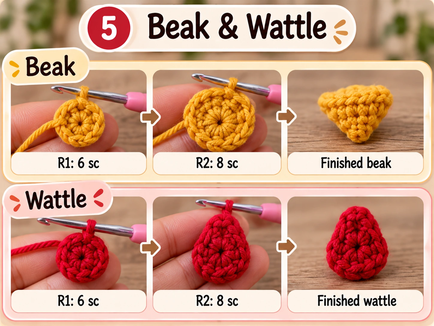 Crochet chicken beak and wattle step by step