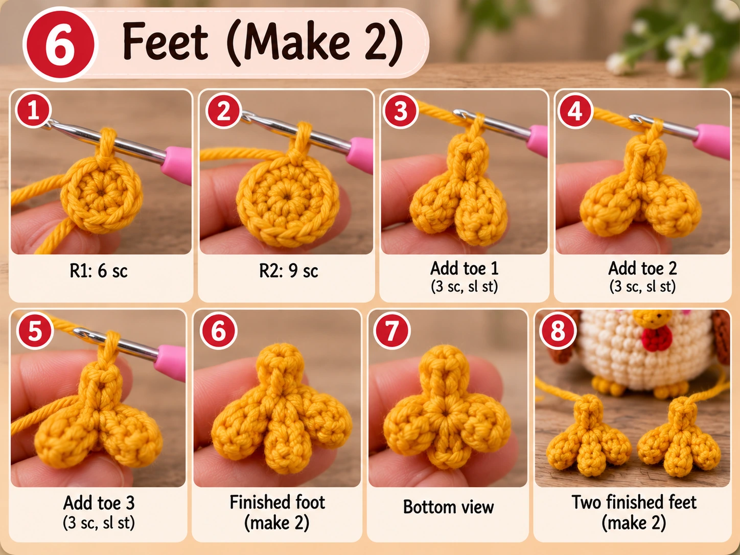 Crochet chicken feet step by step make two