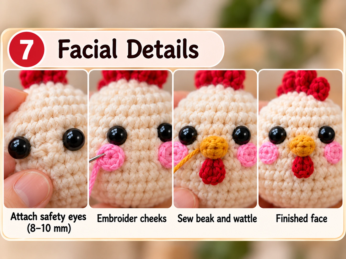 Crochet chicken facial details with eyes cheeks beak and wattle