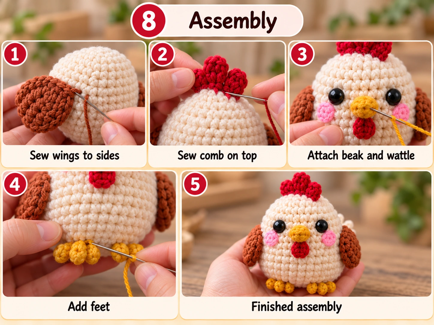 Crochet chicken assembly showing wings comb beak wattle and feet
