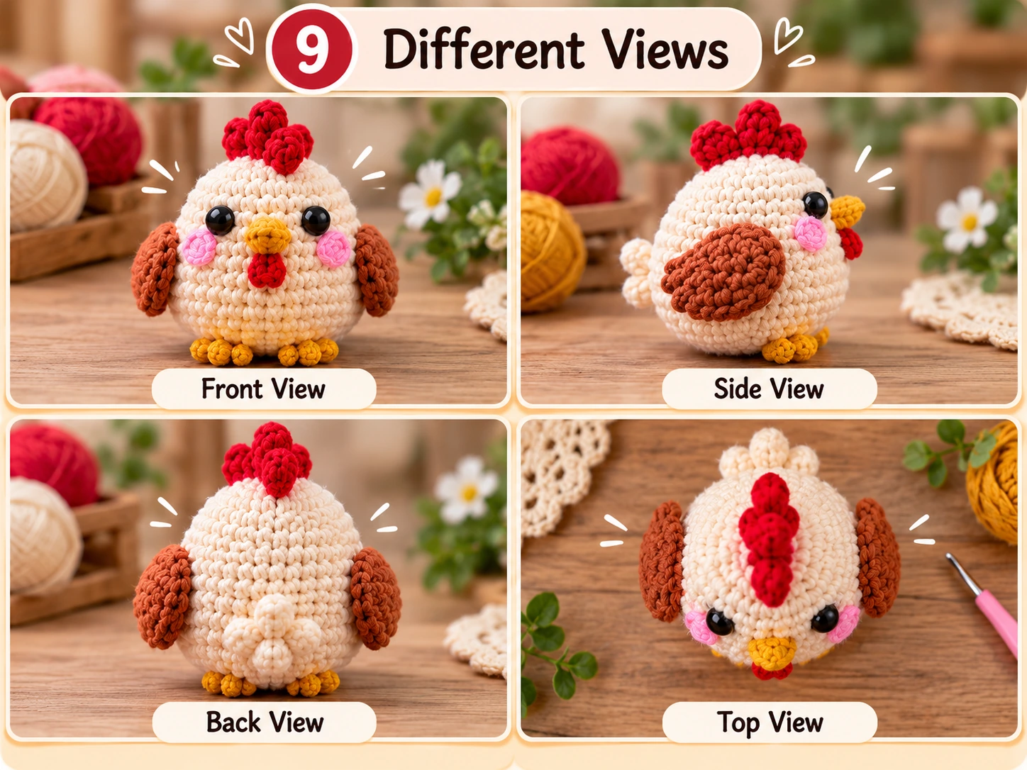 Finished crochet chicken shown from front side back and top