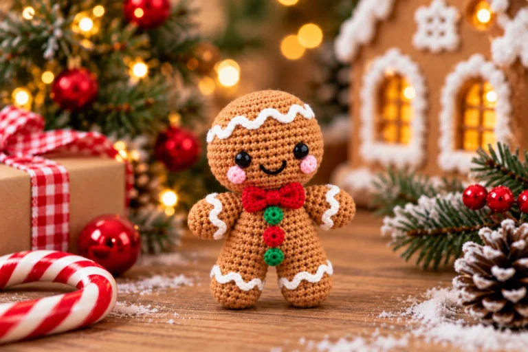 Finished crochet gingerbread man amigurumi in Christmas setting