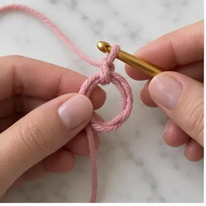Dusty pink magic ring beginning a crochet heart