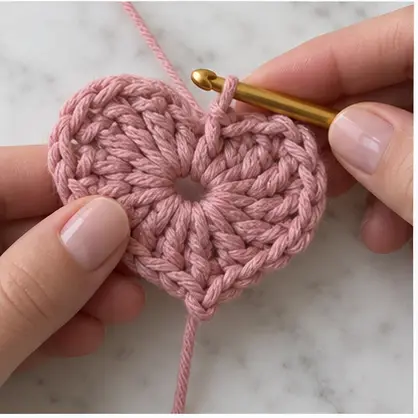 Dusty pink crochet heart with a defined pointed base
