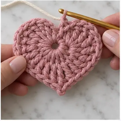Completed flat dusty pink crochet heart before border