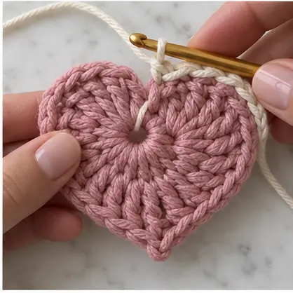 Cream yarn joined to the edge of a pink crochet heart