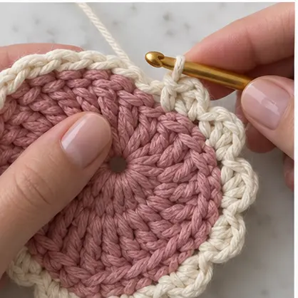 Cream scallops being crocheted around a pink heart coaster