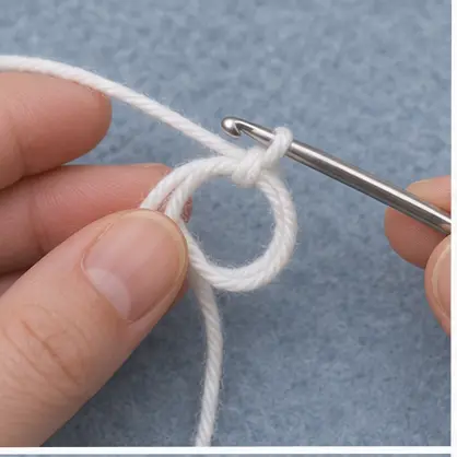 White magic ring starting a crochet snowman ornament