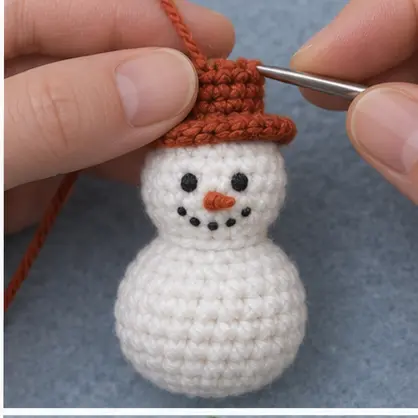 Rust crochet hat being attached to a snowman ornament