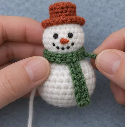 Green scarf added to a small crochet snowman ornament
